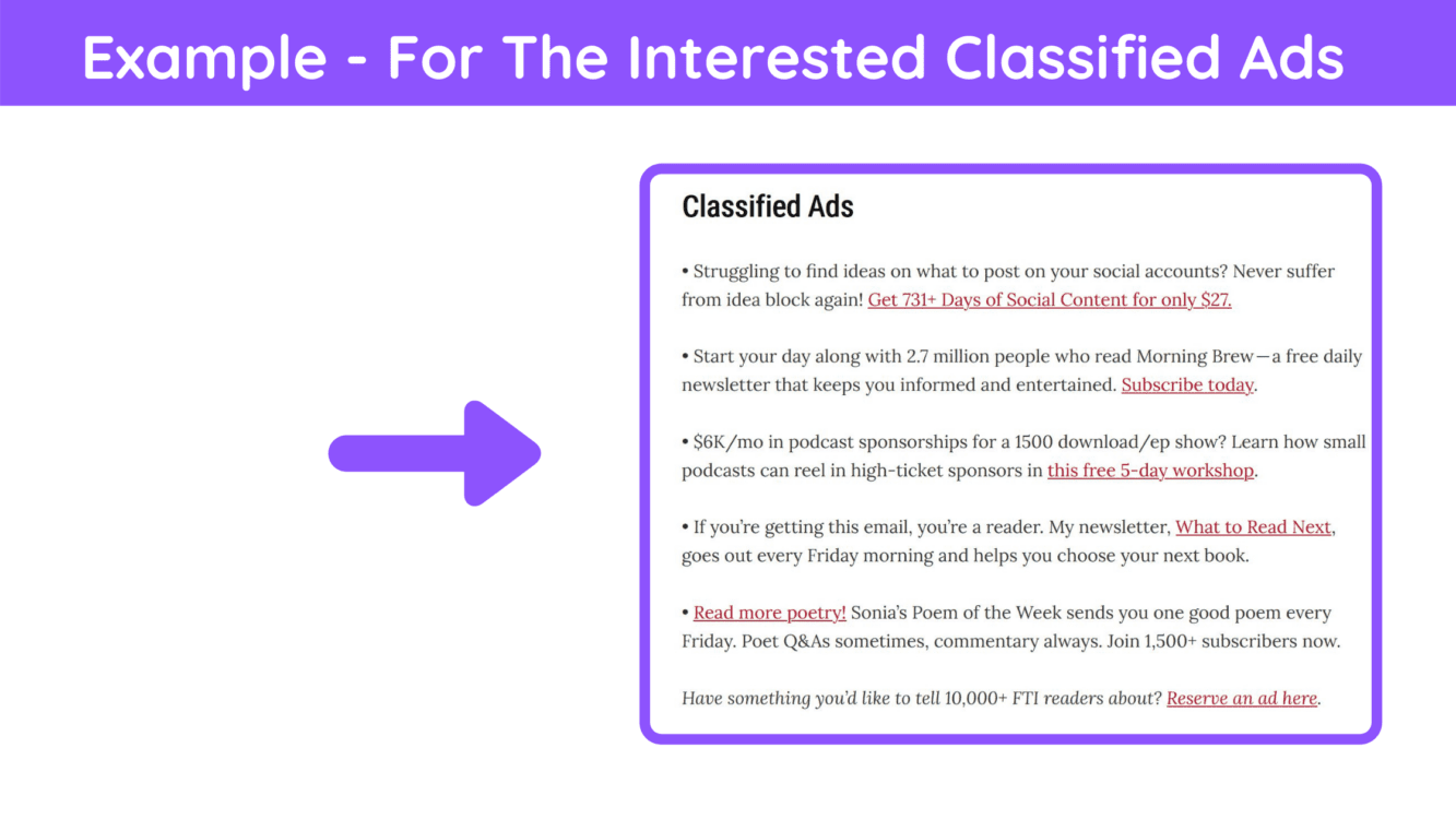 newsletter classified ads, newsletter monetize, how to monetize newsletter, for the interested, for the interested newsletter, classifieds in newsletter, selling ad space in newsletter