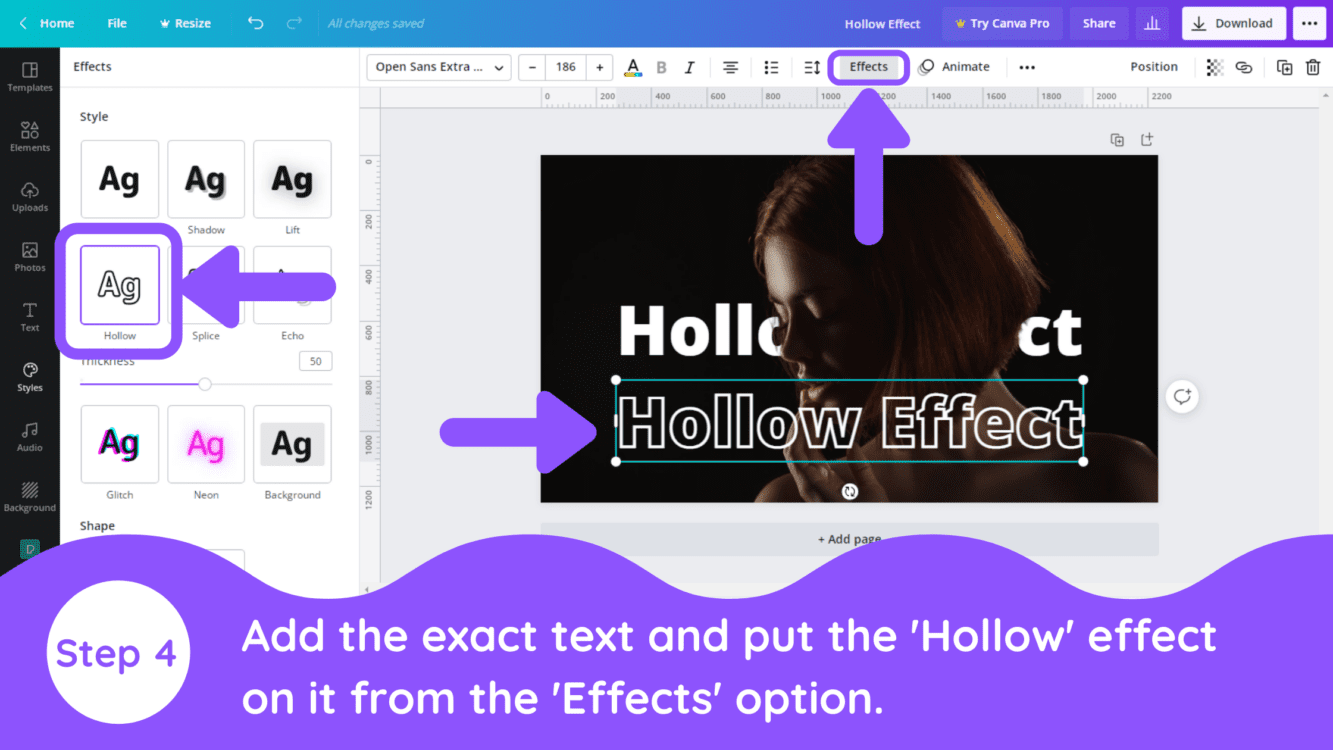 create hollow text effect in canva, canva hollow effect, canva hollow text, how to outline text, outline in canva, how to outline text text in canva, canva hollow text effect, 