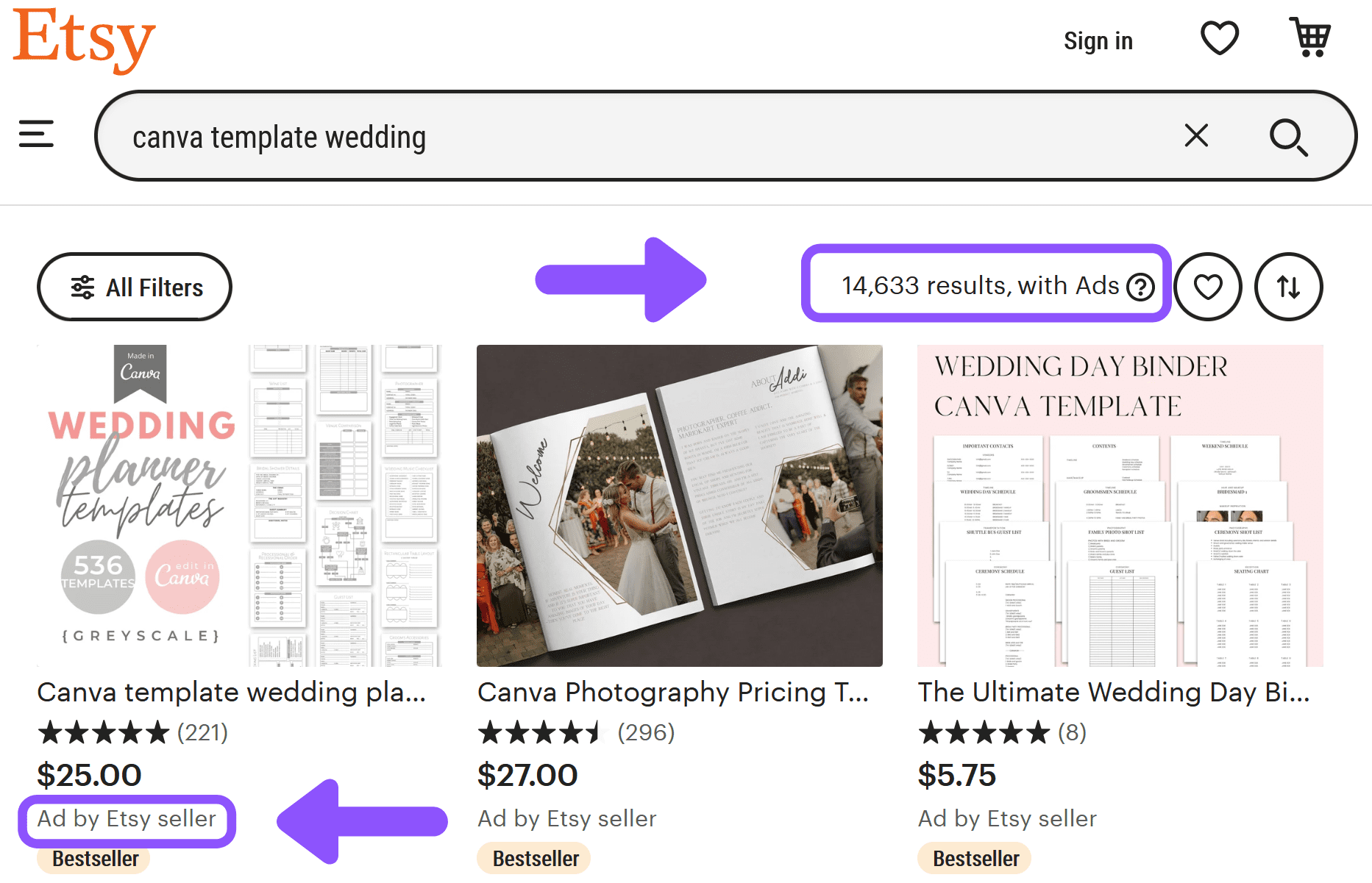 Canva Templates on Etsy Search Results in Wedding Category