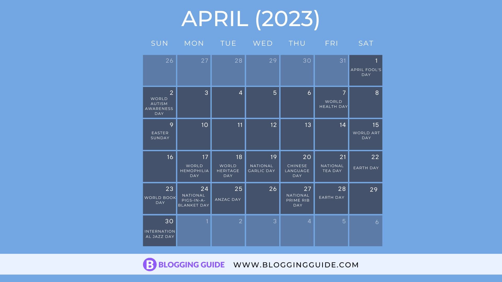 April 2023 Social Media Holiday Calendar by BloggingGuide.com April 2023 Social Media Holiday Calendar