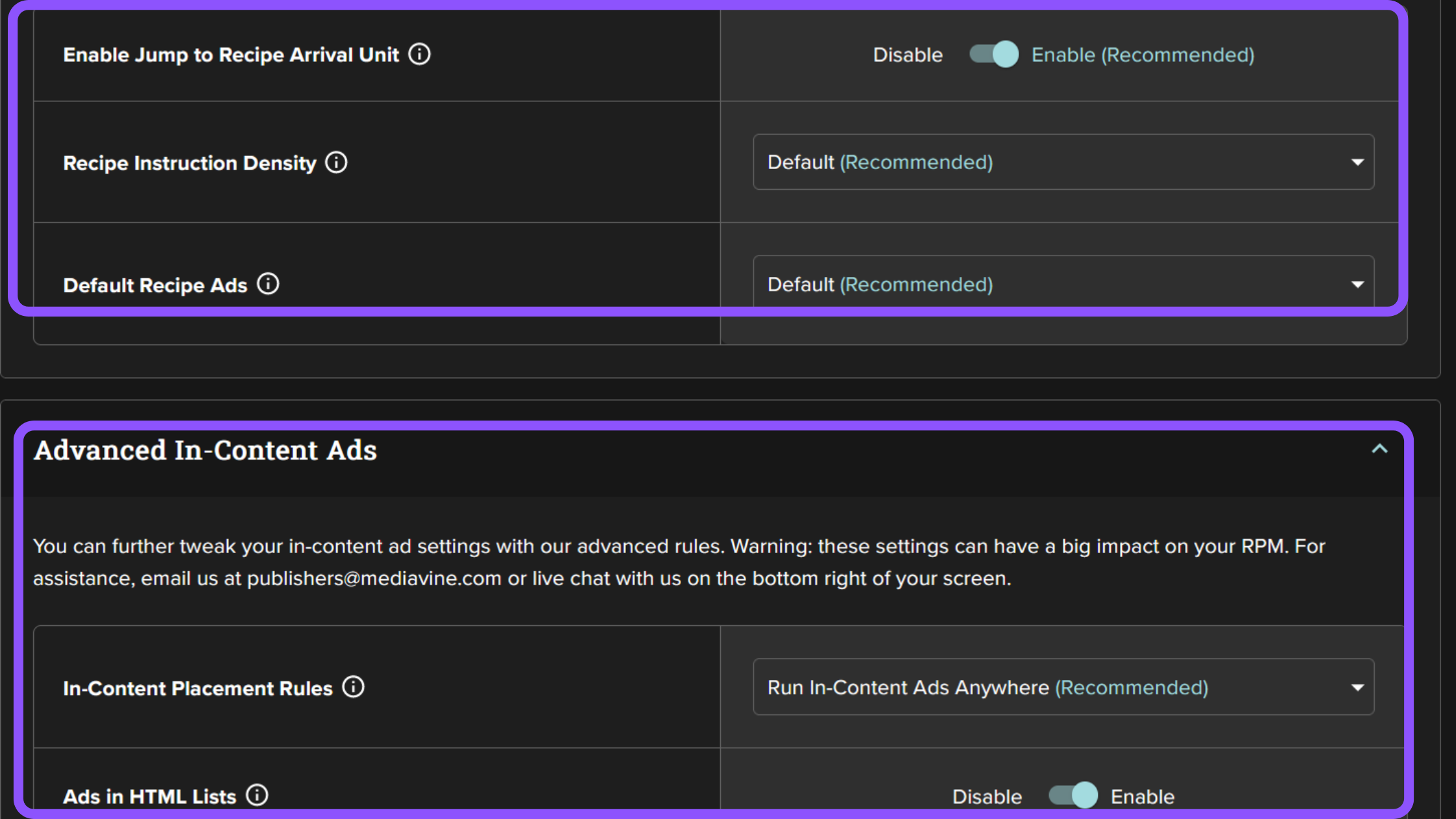 Mediavine In Content Ad Settings 3